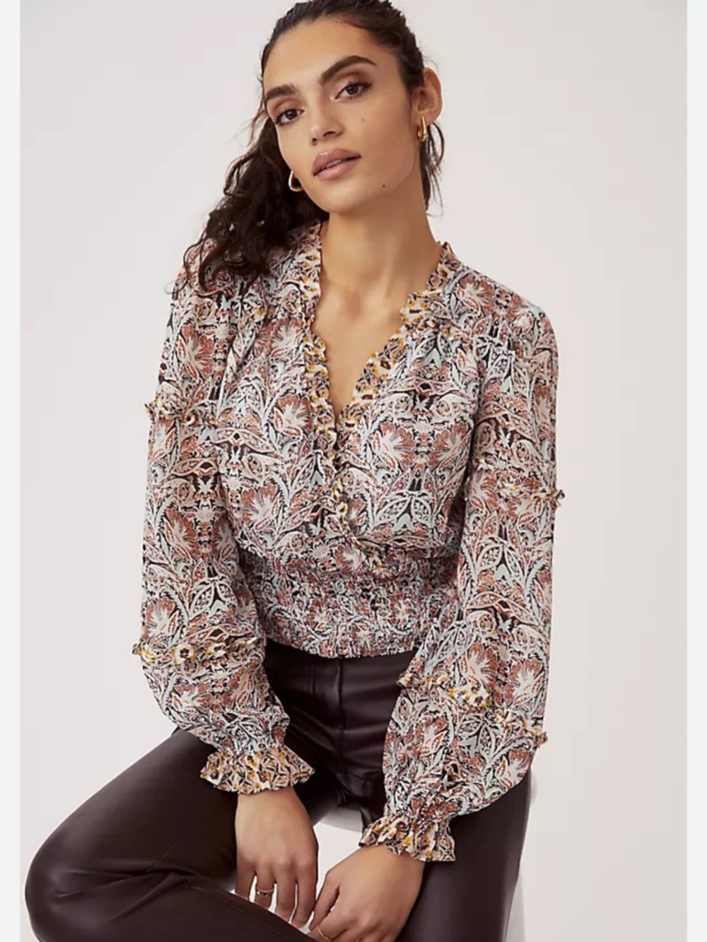 Anthropologie Printed Ruffle Blouse Smocked Waist peasant Blouse Pink Brown boho
